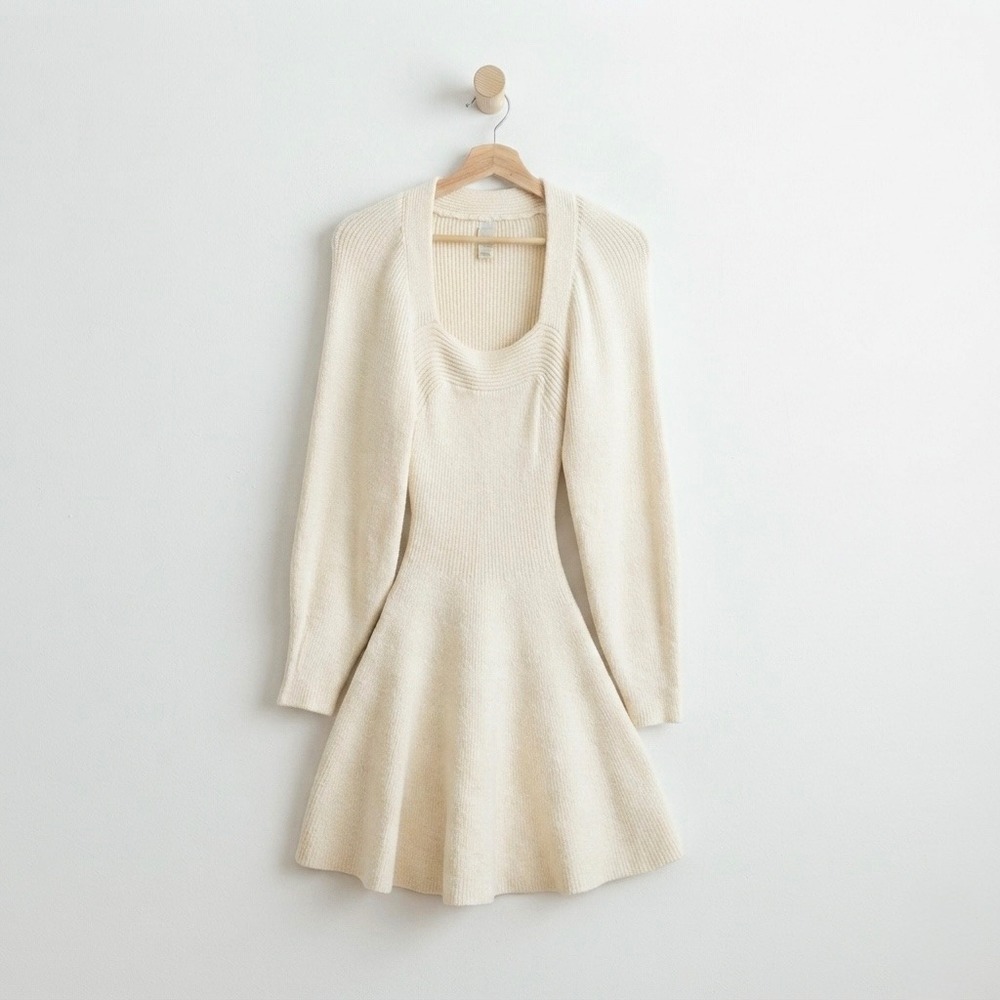 Coquette Balletcore Cream Ribbed Knit Square Neck Skater Dress Sz 6 Balloon Slv